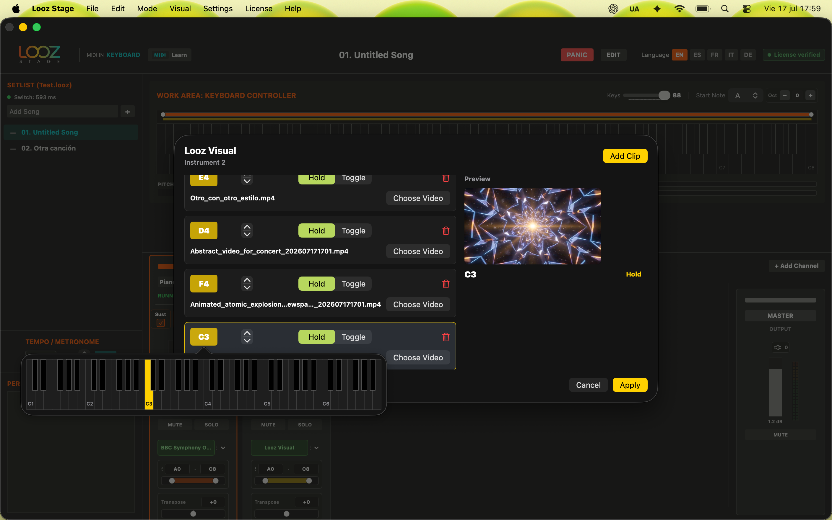 Configuración de clips de vídeo asignados a notas en Looz Visual