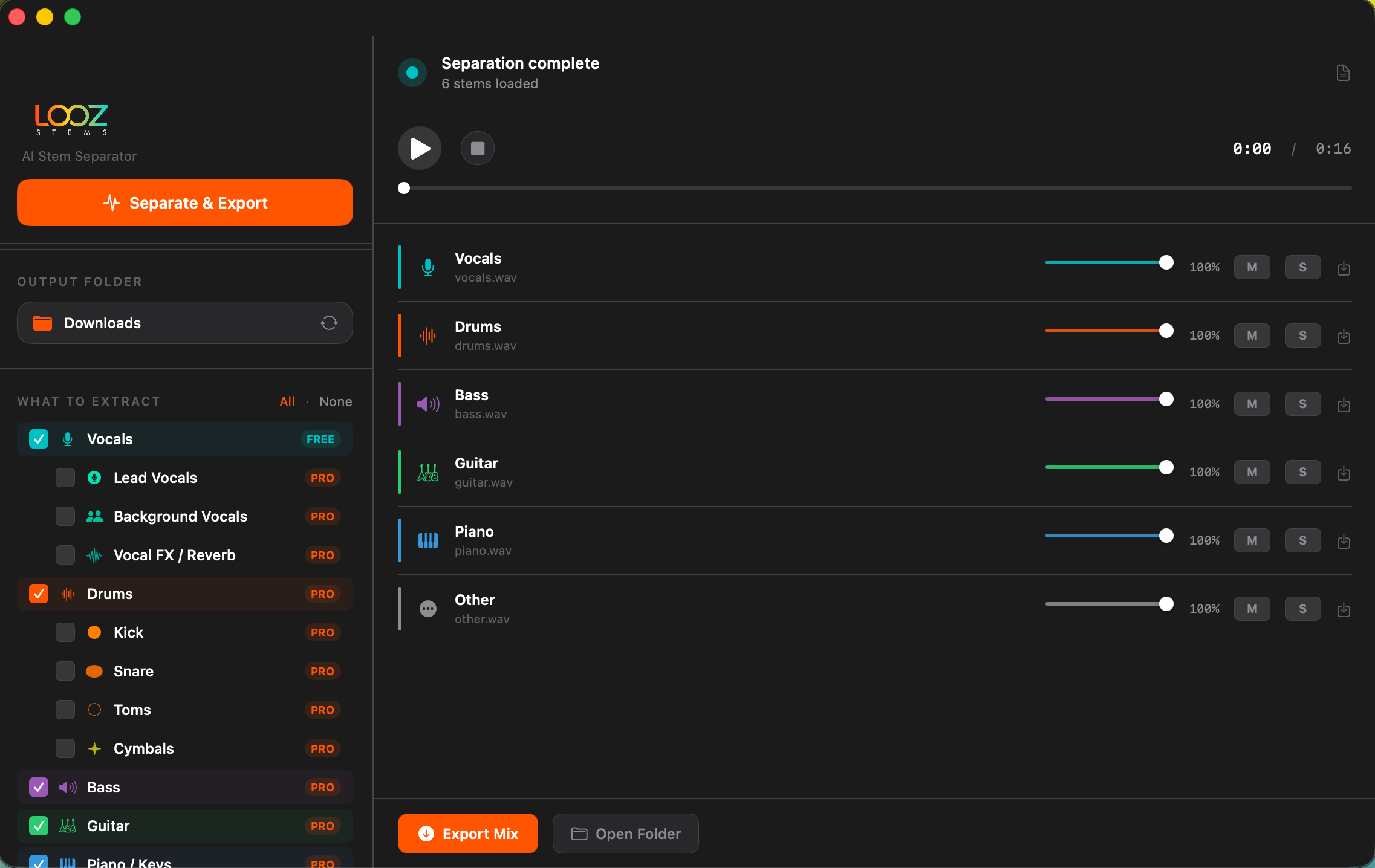 Looz Stems — pantalla de separación de stems